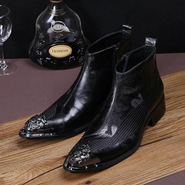 Men's Fashion Black Genuine Leather Pointed Metal Toe Zipper Ankle Boots