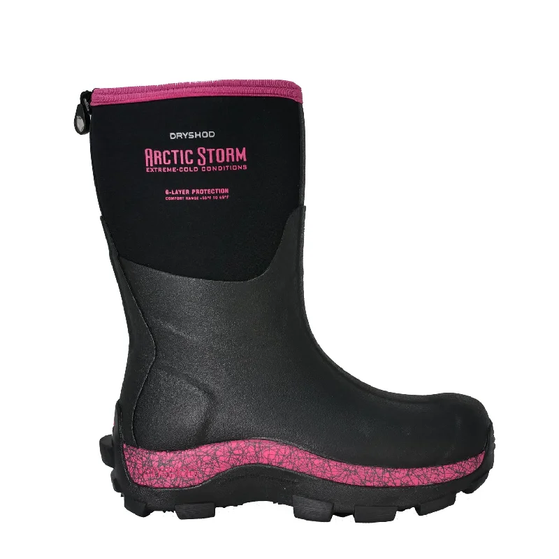 Dryshod Womens Arctic Storm Mid Black/Pink Neoprene Extreme-Cold Snow Boots