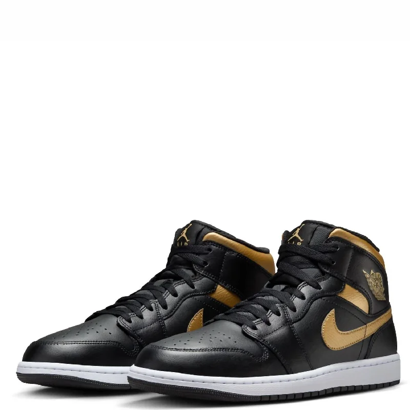 Men Air Jordan 1 Mid Basketball Shoe In Black/metallic Gold-White