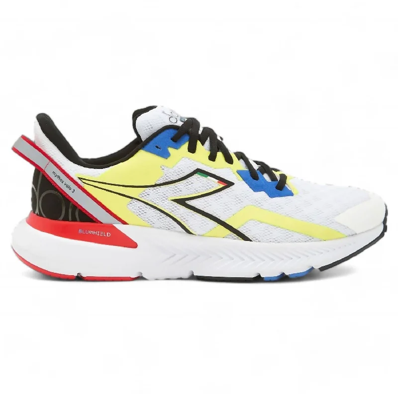 Men's Mythos Blushield Volo 3 Running Shoes In White/black/yellow Fluo